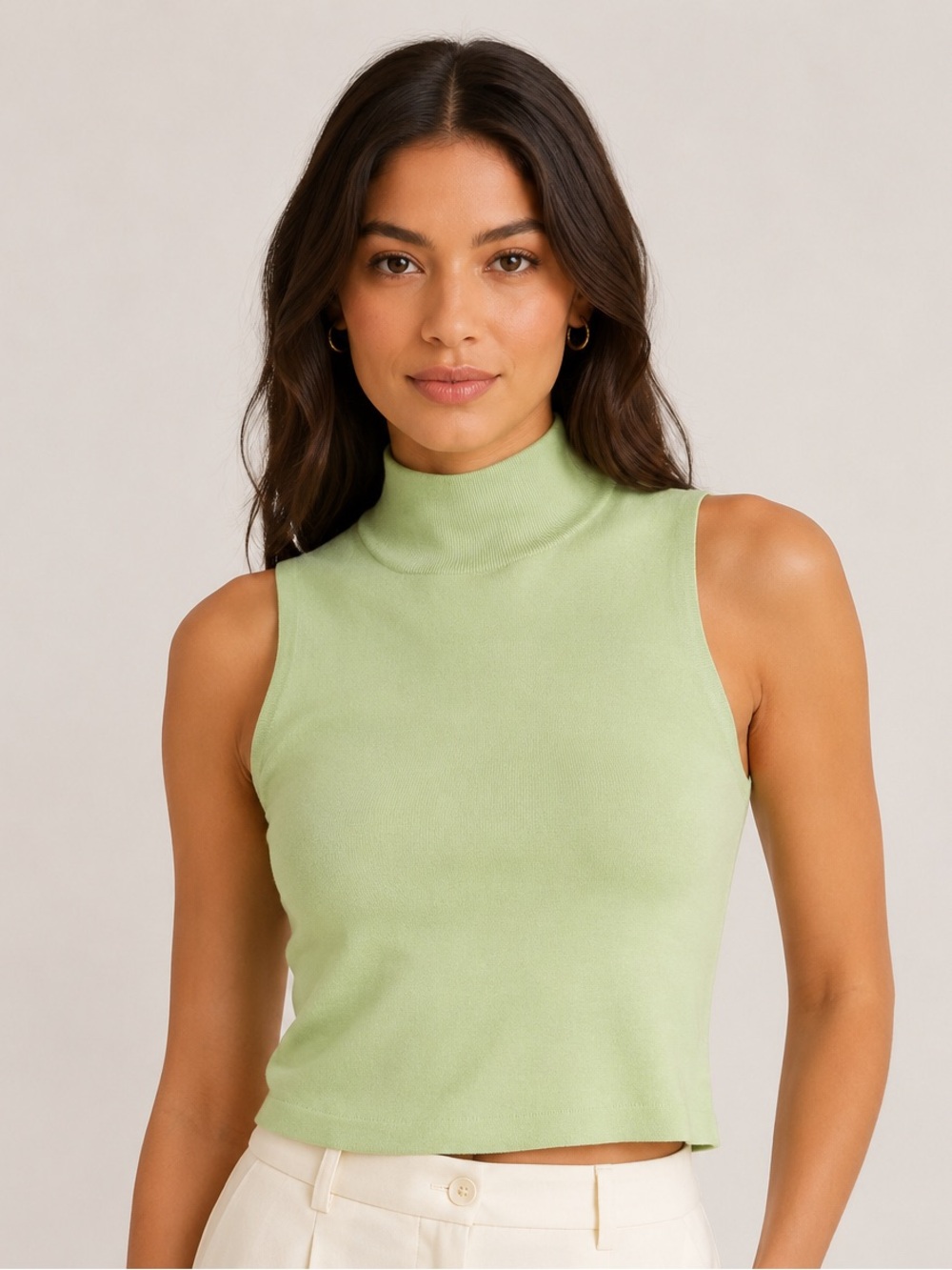 House of Harlow Sleeveless Mock Neck Knit Crop Top Sage Green SMALL Soft Stretch